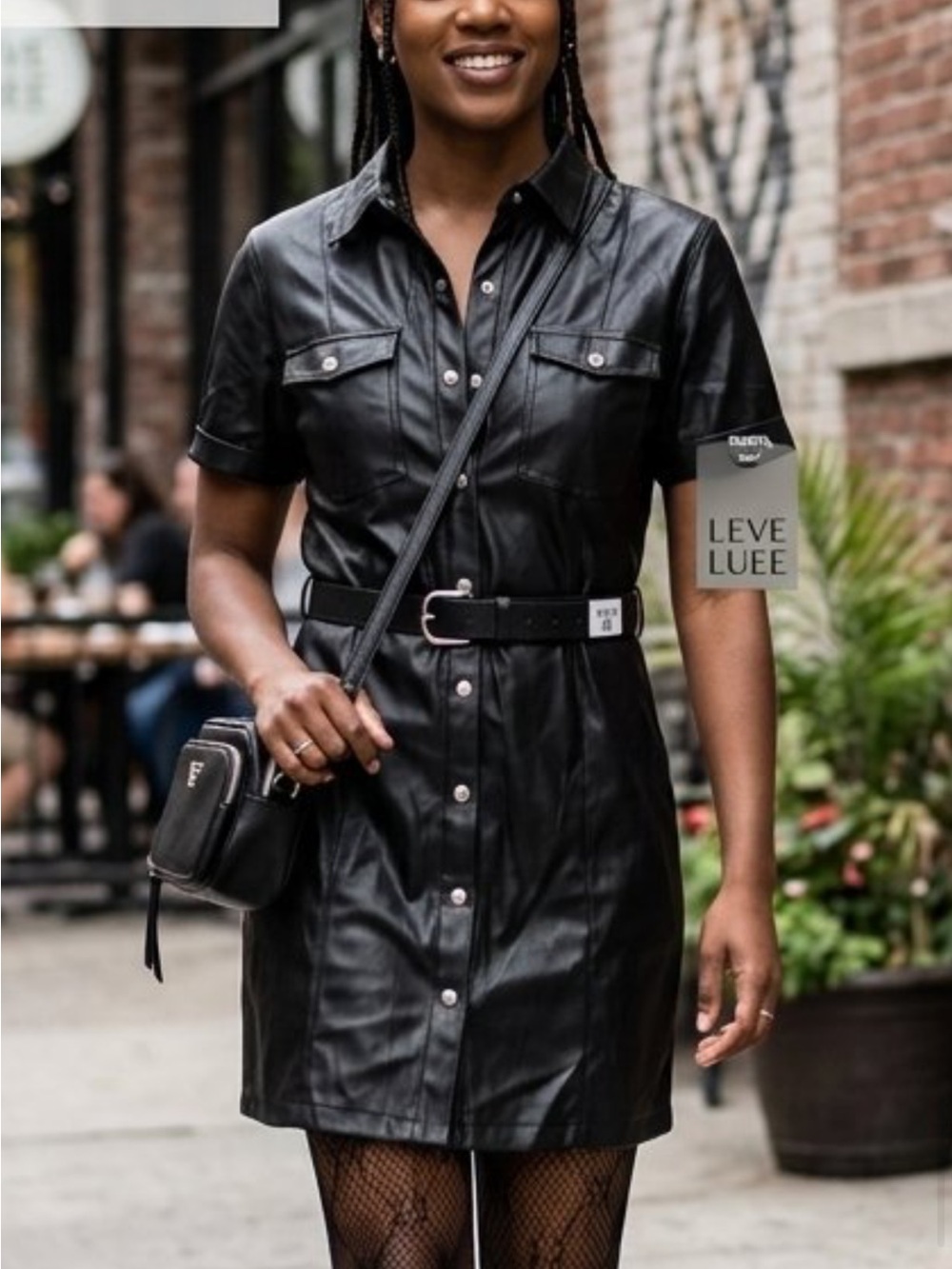 Love Tree Black Faux Leather Belted Shirt Dress